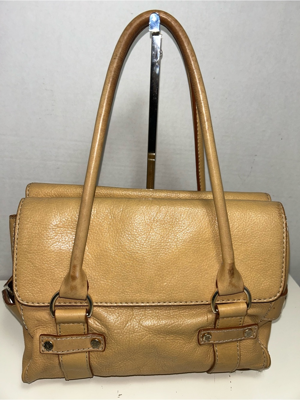 Michael Kors Y2K Tan Pebbled Leather Double Flap Three Section Satchel